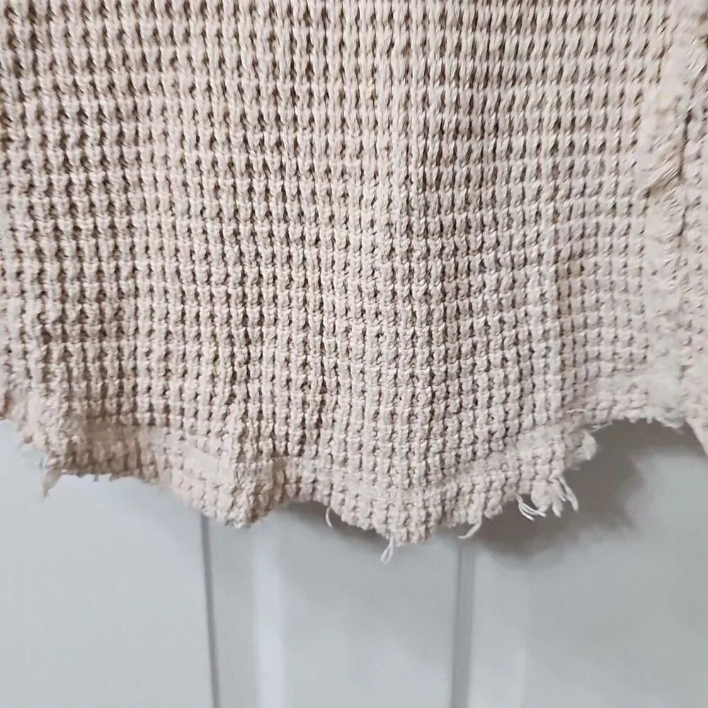 Elan Cold Shoulder Distressed Waffle Knit Sweater in Cream Size S